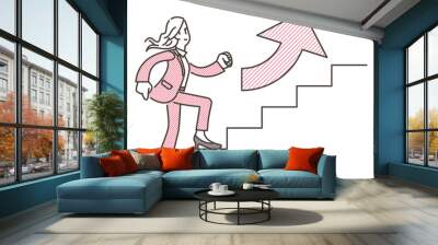 Young female businessperson walking up the stairs with a smile [Vector illustration]. Wall mural